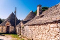 Stone tiles cover the roofs of the trulli in Alberobello, an Italian city to visit on a trip to Italy