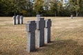 Stone tombstones in the German cemetery in the fall. Beautiful German cemetery near Kyiv. Many dead German soldiers of the dead Royalty Free Stock Photo