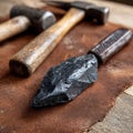 Stone tool and hammer on leather surface Royalty Free Stock Photo