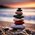 a stone tower on the beach near water with a sunset background Royalty Free Stock Photo