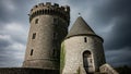 Stone tower and circular turret set against a dramatic overcast sky Royalty Free Stock Photo