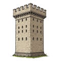 A stone tower with a medieval design features rectangular structure and crenellated Royalty Free Stock Photo