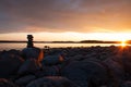Stone tower on white sea evening sunset panorama view summer kareliya russia