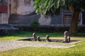 Memorial of african slave market. Sculptures of slaves in chain in hole. Humanity concept. Abolition movement. Cruelty concept.