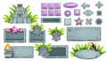 Stone UI game buttons vector collection, rock sign board set, tropical maya pyramid, tiki mask, toucan.