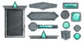 Stone UI game vector kit, medieval rock signboard, menu frame, gemstone emerald button, level up shield.