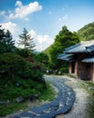 Stone walkway in front of a traditional Korean house in the Garden of Morning Calm