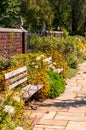 A stone walkway in a garden of flowers with two wooden benches and a brick wall in summer Royalty Free Stock Photo