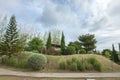 Stone walkway with grass garden.