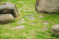 Stone walkway with green grass lawn and big rock in the garden. Royalty Free Stock Photo