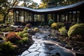 Stone walkway winding in garden at modern home, Design home garden landscaping Royalty Free Stock Photo