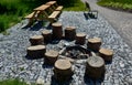 Stone walkways through a nature park made of irregular pieces. There are scabs on the pavement and around there are logs on which