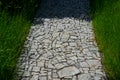 Stone walkways through a nature park made of irregular pieces. There are scabs on the pavement and around there are logs on which