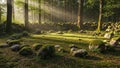 Stone wall also covered in moss runs through the scene adding a Royalty Free Stock Photo