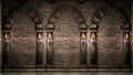 Stone wall with arches and torches Royalty Free Stock Photo