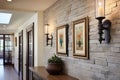 stone wall hallway with candle sconces