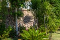 Stone wall immersed in tropical greenery. Different bushes, trees and flowers against the background of a wall of cobblestones. A