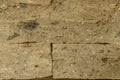 Stone wall made of roughly worked stones of natural color. Selective focus. Detail of a rock-faced stone wall made with blocks. Royalty Free Stock Photo