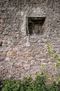 A stone wall of a rural house, with a window, dry ivy on the upper part and green ivy on the lower one, copy space Royalty Free Stock Photo