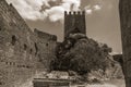 Pathway over wall and tower from keep in a castle