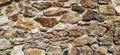 Stone wall. Stacked large cobblestones in warm colors. Tower in Kula, Serbia