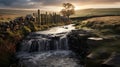 Majestic Morning: Captivating Waterfall And Stone Fence On English Moors Royalty Free Stock Photo