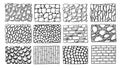Stone wall textures. Cobblestone tiles hand drawn hatching for vintage wallpaper, game pathway and rustic construction or exterior Royalty Free Stock Photo