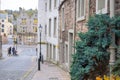 Stone wall walkway with Lamp post, Tree Branch with yellow and green leaves Royalty Free Stock Photo