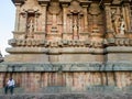 The stone walls with carvings of mythological deities at the ancient Hindu temple of