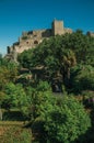 Stone walls and tower of Castle near garden at Marvao Royalty Free Stock Photo