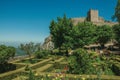 Stone walls and tower of Castle over hill near garden at Marvao Royalty Free Stock Photo