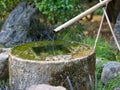 Stone washbasin Tsukubai and bamboo pipe Kakei at a Japanese garden. Royalty Free Stock Photo