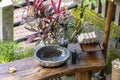 Stone washbasin in the yard on the tropical island of Bali, Indonesia. Closeup