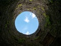 Stone well hole, old construction from inside, brick walls and blue sky background, fall down in the well concept
