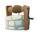 Stone well with wooden crossbar and rope for bucket. Rural water source. Cartoon fun style. Flat design. Isolated on Royalty Free Stock Photo