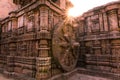 A stone wheel engraved at ancient Hindu Sun Temple, Konark, Orissa, India. UNESCO World Heritage Site. Royalty Free Stock Photo