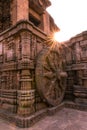 A stone wheel engraved in the walls of the 800 year old Sun Temple, Konark, India. Royalty Free Stock Photo