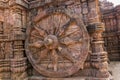 A stone wheel engraved in the walls of the 800 year old Sun Temple, Konark, India. Royalty Free Stock Photo