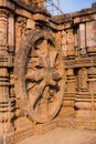 A stone wheel engraved in the walls of Sun Temple, Konark, Orissa, India. UNESCO Royalty Free Stock Photo