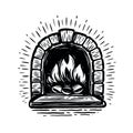 Stone wood burning stove with open fire. Hand drawn fireplace vector illustration