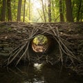 Stone and wood tunnel in a forest setting, featuring a circular opening with interwoven Royalty Free Stock Photo