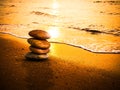 Stone Zen Balance on Sand Beach Sunset Sunrise nature Sea Coast Island, Buddhism Therapy Stack Pebble Card for Spa Calm Stability