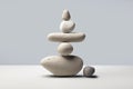 A stone zen composition captures the essence of minimalistic simplicity and tranquility. Balanced rock stacks on a gray and white