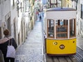 Stoned steps descend past yellow trolly with wi-fi on hill in historic district of Lisbon, Portugal has wi-fi.