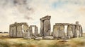 Contemporary Watercolour Art Of Stonehenge And Surrounding Rocks