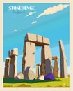 Stonehenge England Travel retro Poster vector art.