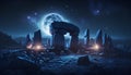 Stonehenge with full moon at night. Fantasy landscape. 3D rendering Royalty Free Stock Photo