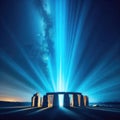 Stonehenge like monument with blue beam emitted from core