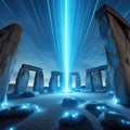 Stonehenge like monument with blue beam emitted from core