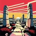 Stonehenge at sunset. in a flat style. AI Generated